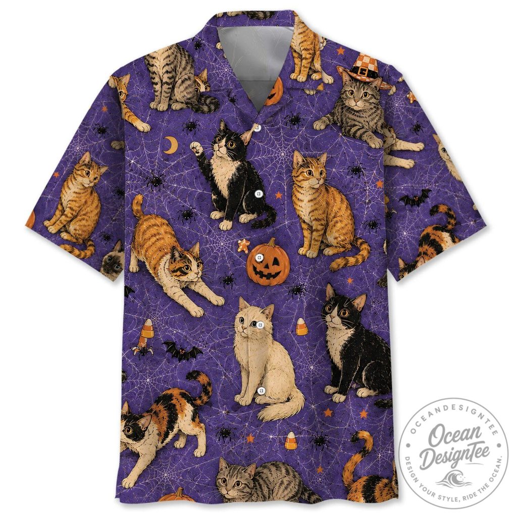 Halloween Cats and Spiders Purple Hawaiian Shirt Halloween Cats and Spiders Purple Hawaiian Shirt