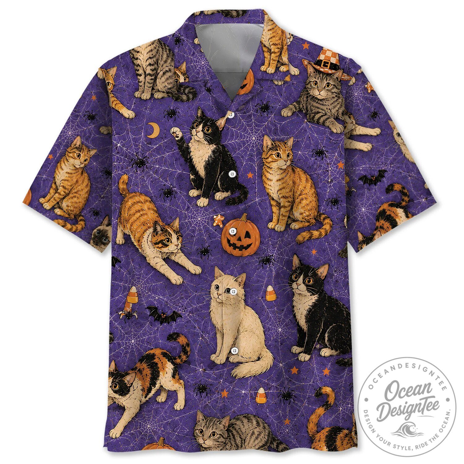 Halloween Cats and Spiders Purple Hawaiian Shirt