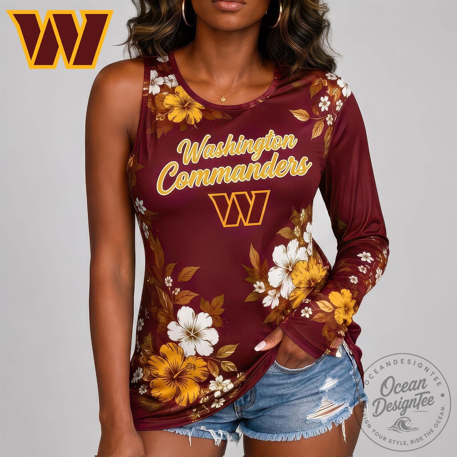 Washington Commanders Floral Pattern One Shoulder Long Sleeve Top for Women