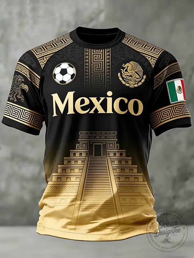 Mexico Football Fan Shirt, Aztec Pyramid Soccer Jersey for Men