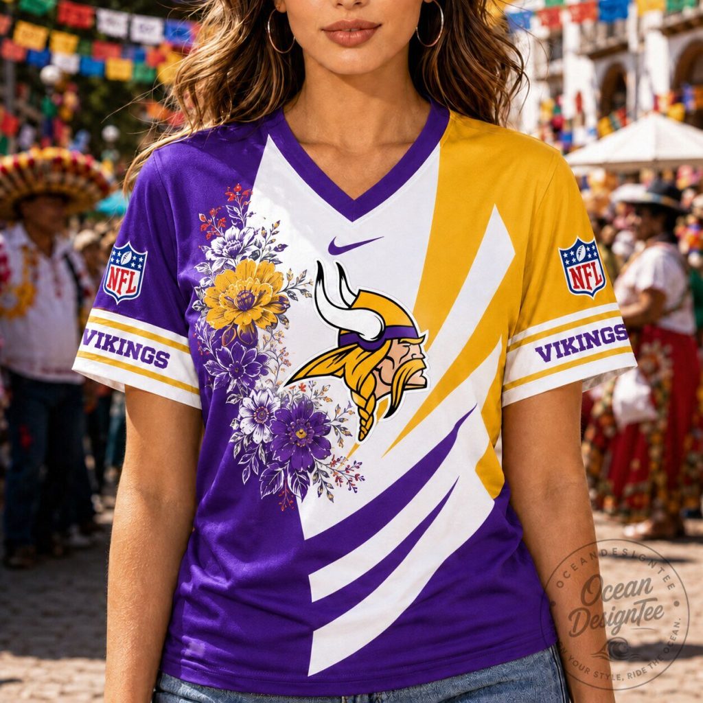 Minnesota Vikings Football Floral V-Neck T-Shirt for Women Minnesota Vikings Football Floral V-Neck T-Shirt for Women