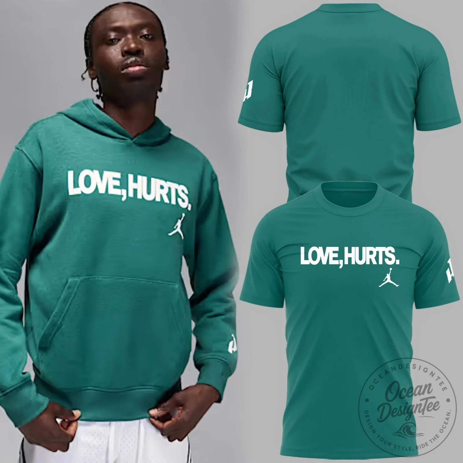 Love Hurts Eagles Football Green Hoodie and T-Shirt Set