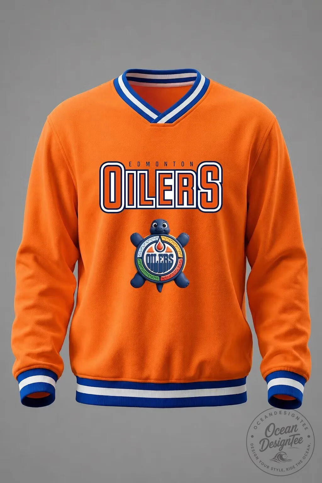 Edmonton Oilers NHL Hockey Team Logo Turtle Mascot Orange V-Neck Sweatshirt