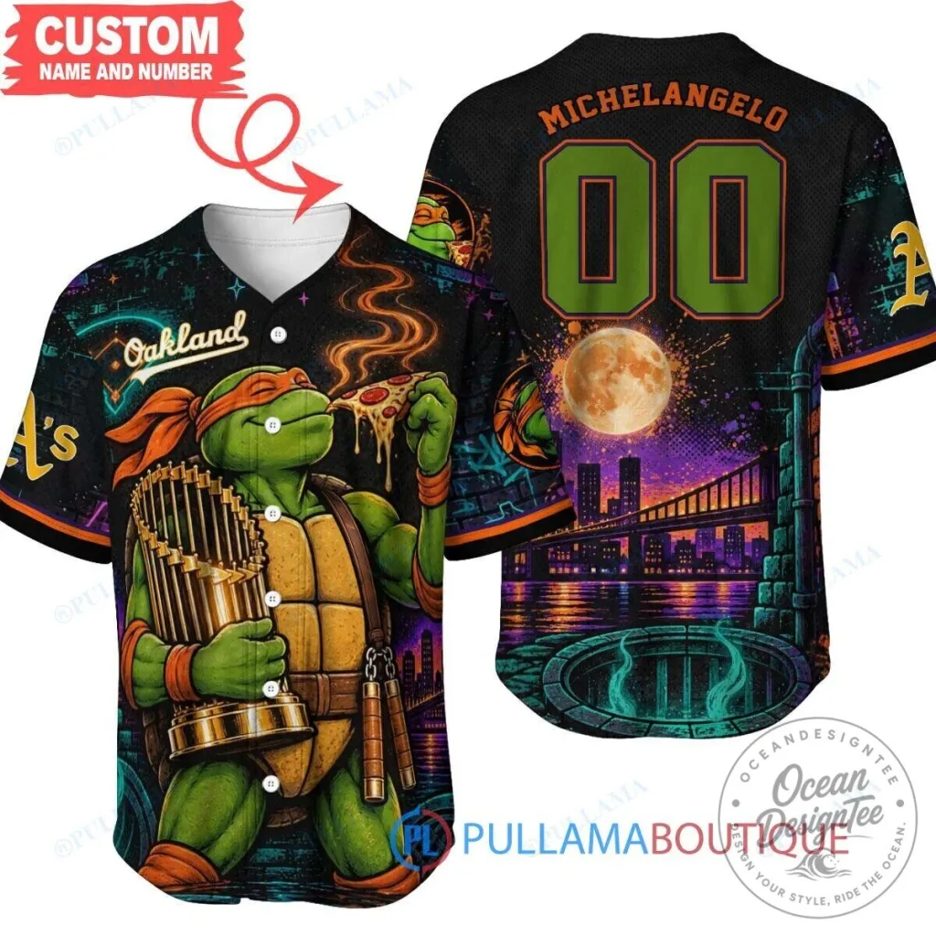 Oakland Athletics Teenage Mutant Ninja Turtles Michelangelo Baseball Jersey Oakland Athletics Teenage Mutant Ninja Turtles Michelangelo Baseball Jersey