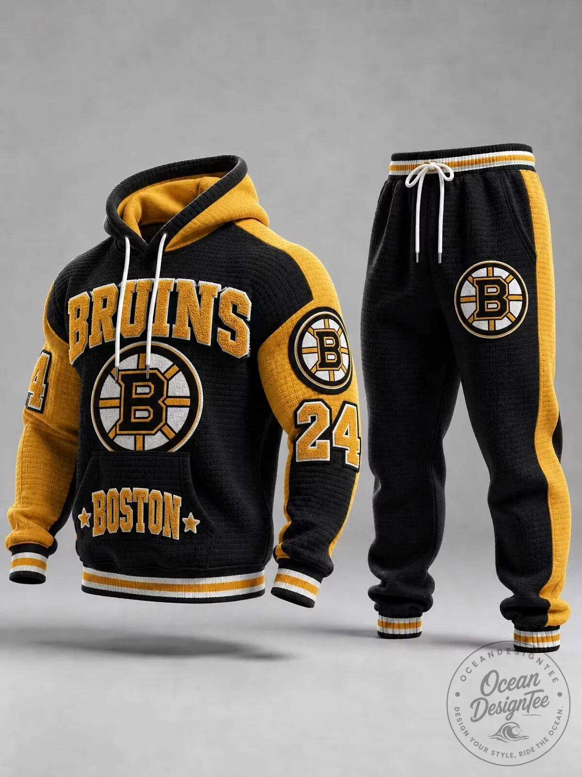 Boston Bruins Black and Gold Waffle Textured Hoodie and Sweatpants Tracksuit Set