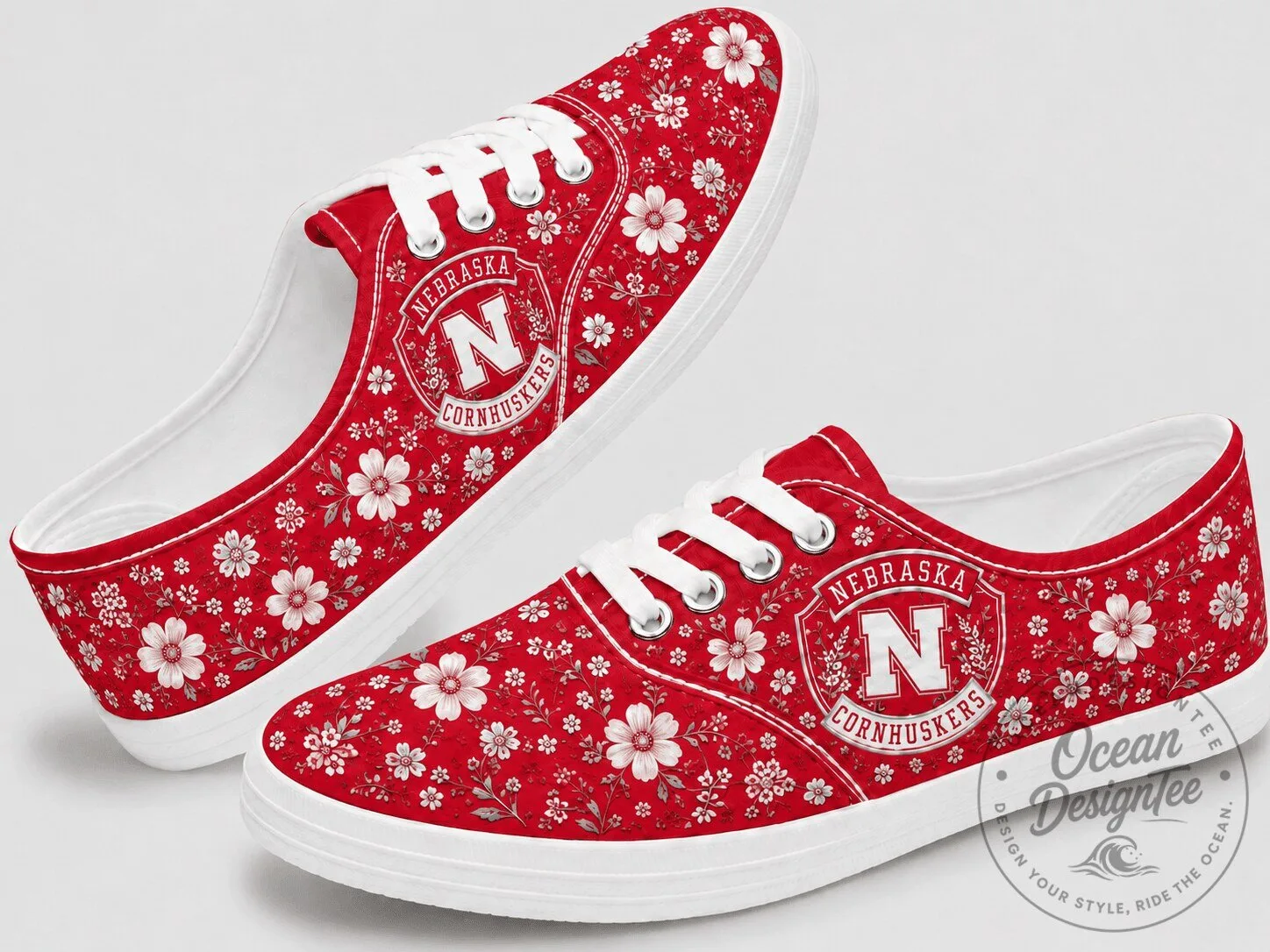 Nebraska Cornhuskers Floral Pattern Low Top Lace-up Shoes