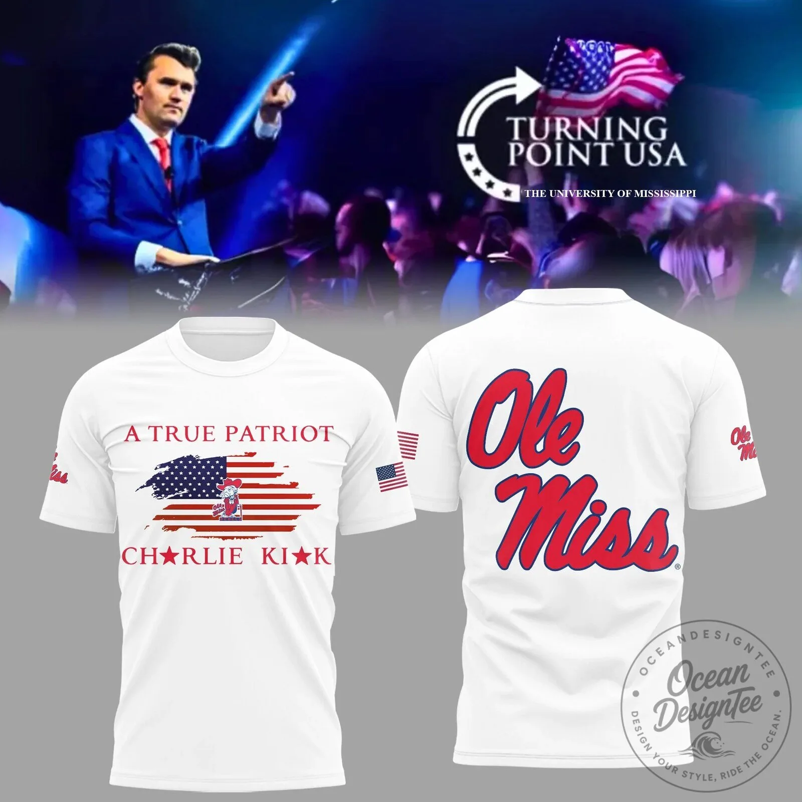 Ole Miss University Turning Point USA Charlie Kirk Patriot T-Shirt