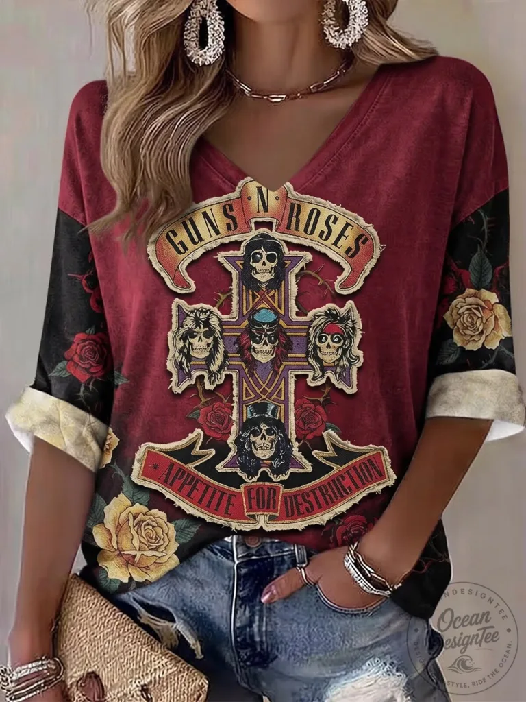 Guns N' Roses Appetite For Destruction Skull Cross Vintage V-Neck T-Shirt 12 Guns N' Roses Appetite For Destruction Skull Cross Vintage V-Neck T-Shirt