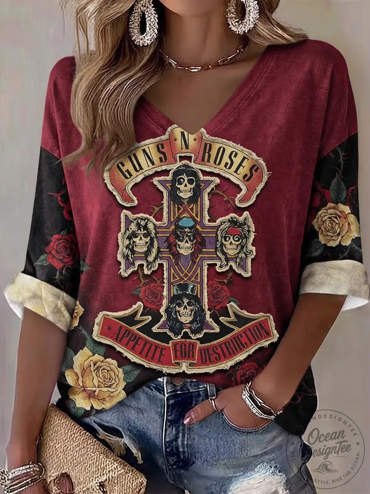 Guns N' Roses Appetite For Destruction Skull Cross Vintage V-Neck T-Shirt