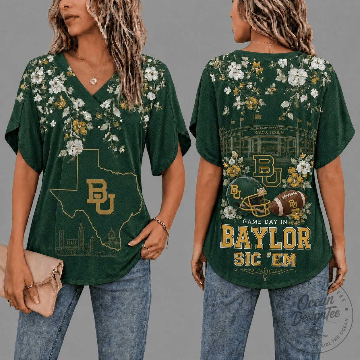 Baylor Bears Gameday Floral V-Neck Short Sleeve T-Shirt