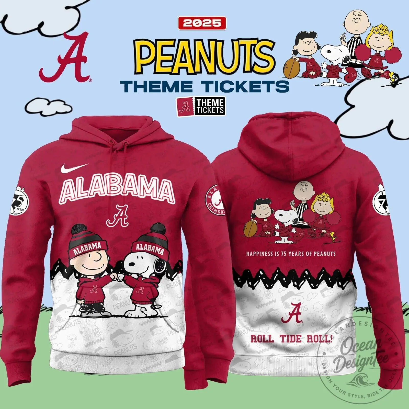 Alabama Hoodie Peanuts Charlie Brown Snoopy 75th Anniversary Crimson Tide