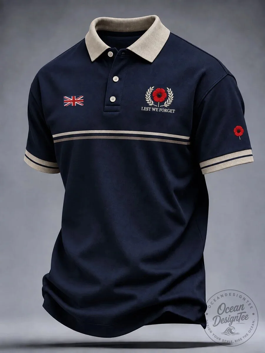 Lest We Forget Remembrance Day Poppy Emblem United Kingdom Flag Polo Shirt