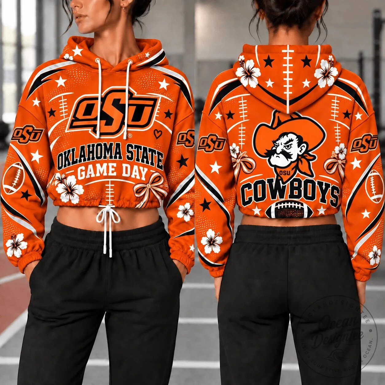 Oklahoma State Cowboys Game Day Football Pattern Crop Hoodie