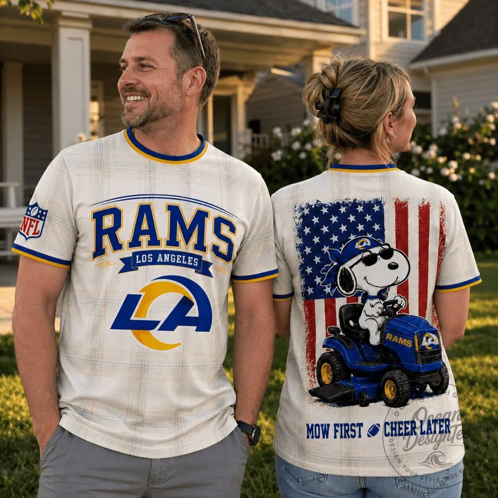 Los Angeles Rams Football Snoopy Mowing Lawn Graphic T-Shirt Los Angeles Rams Football Snoopy Mowing Lawn Graphic T-Shirt