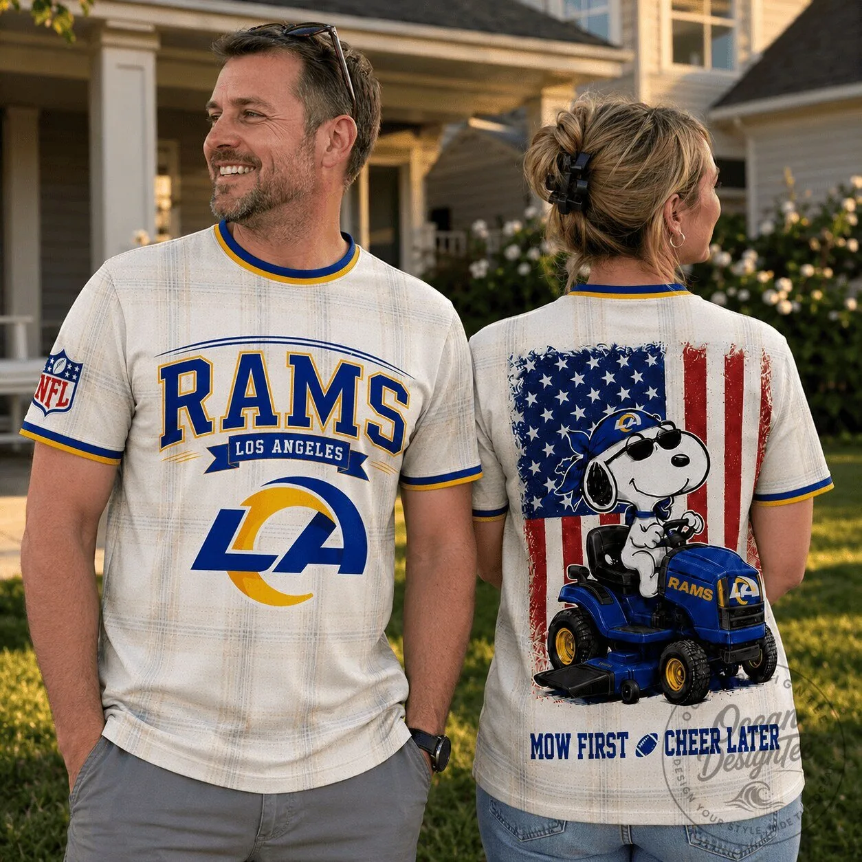 Los Angeles Rams Football Snoopy Mowing Lawn Graphic T-Shirt