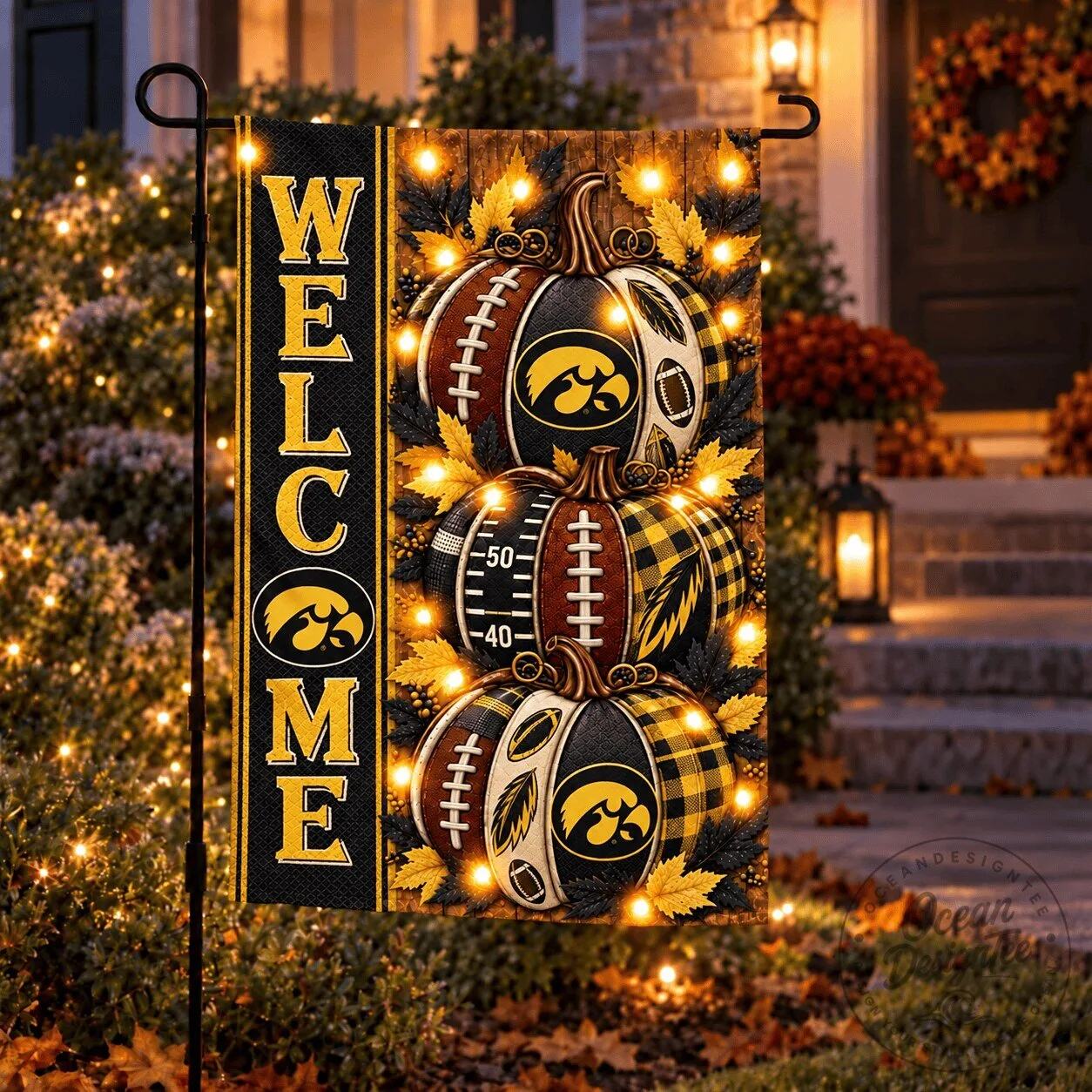 Iowa Hawkeyes Welcome Football Pumpkins Autumn Garden Flag