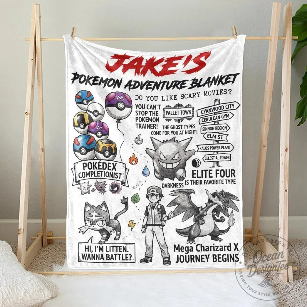 Personalized Pokemon Adventure Blanket, Custom Name Pokemon Fleece Throw Blanket