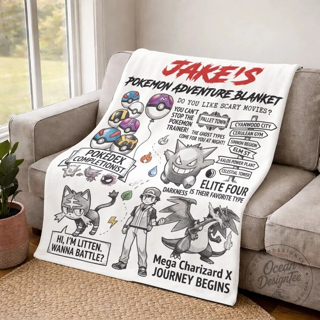Personalized Pokemon Adventure Blanket, Custom Name Pokemon Fleece Throw Blanket 8 Personalized Pokemon Adventure Blanket, Custom Name Pokemon Fleece Throw Blanket
