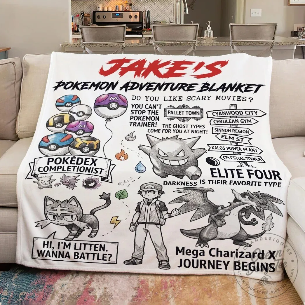 Personalized Pokemon Adventure Blanket, Custom Name Pokemon Fleece Throw Blanket 9 Personalized Pokemon Adventure Blanket, Custom Name Pokemon Fleece Throw Blanket