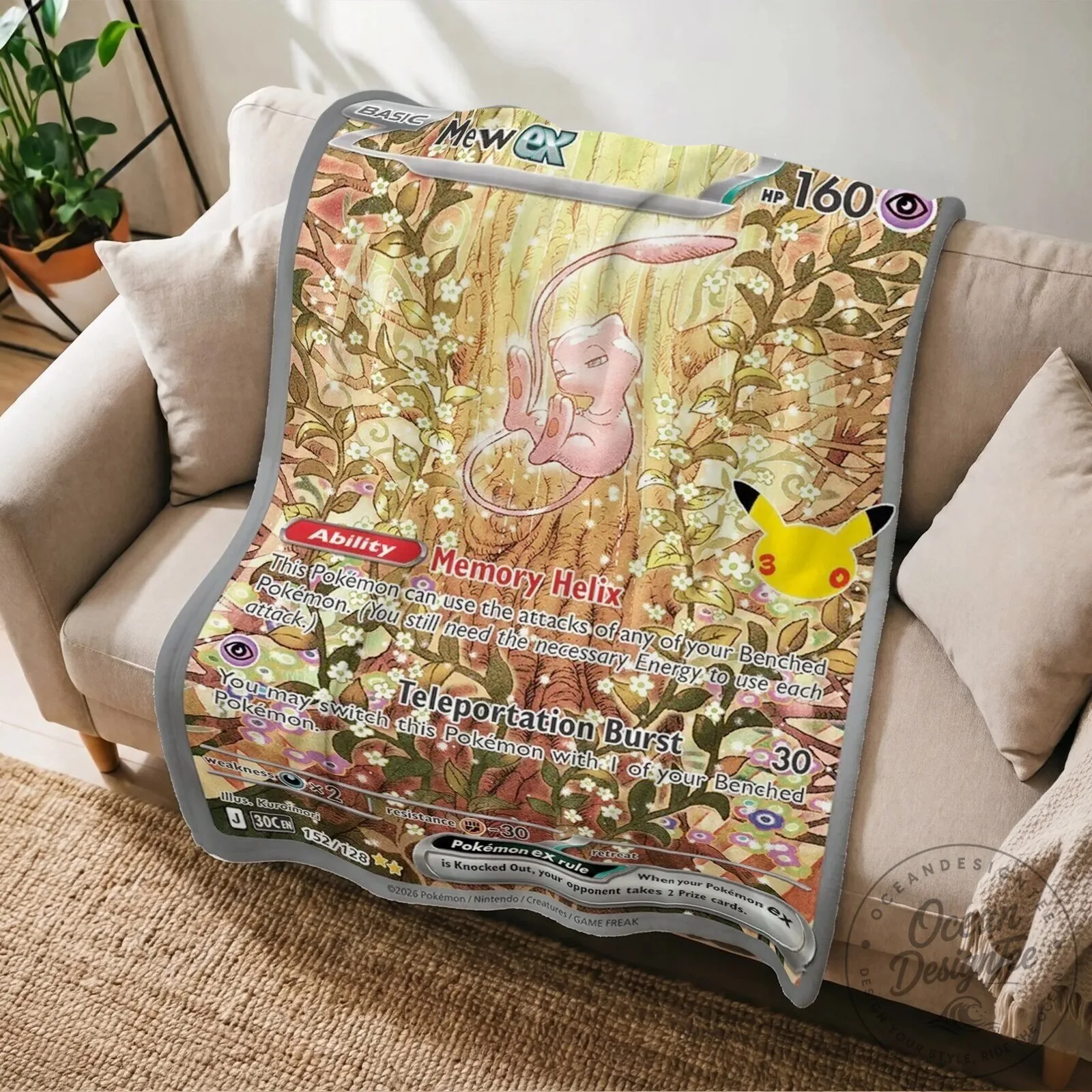 Pokemon Mew Ex 30th Celebration Trading Card Game Fleece Blanket