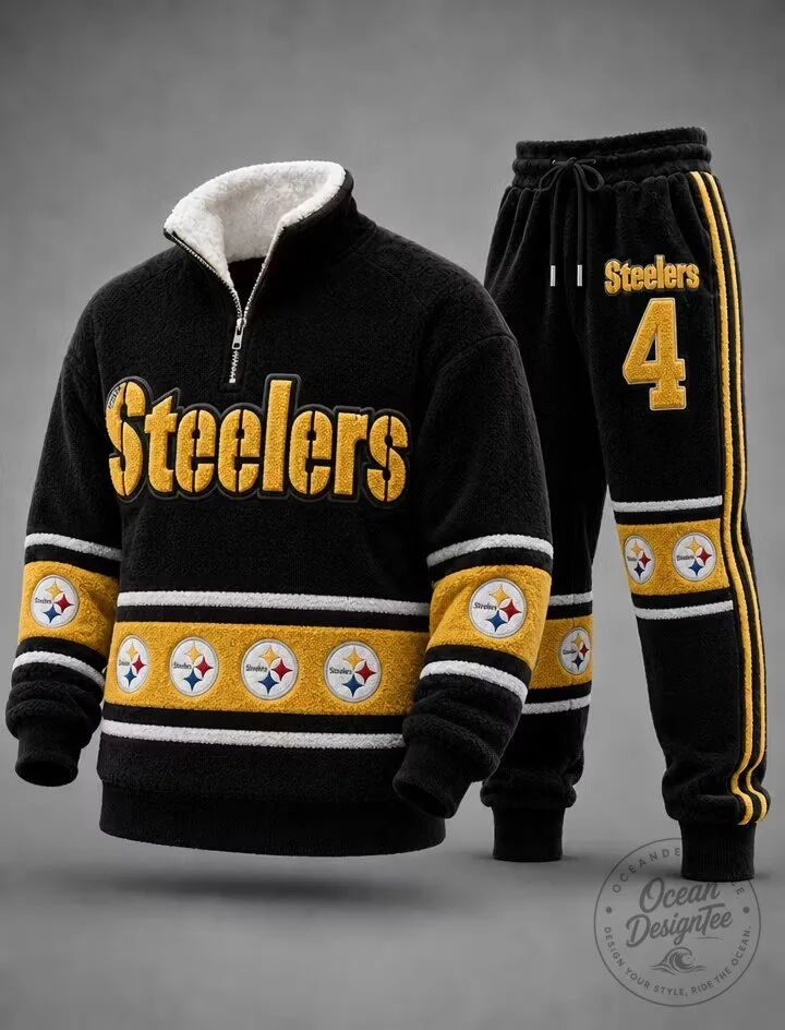 Pittsburgh Steelers Sherpa Lined Quarter Zip Pullover Sweatshirt and Jogger Pants Set