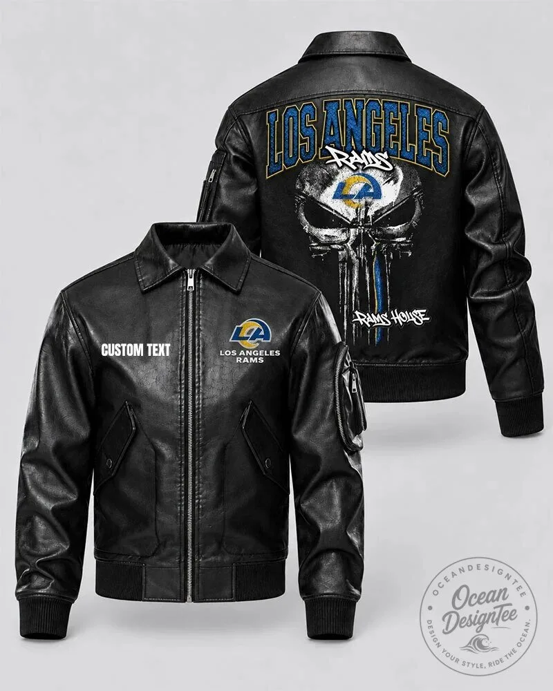Los Angeles Rams Skull Art Black Leather Bomber Jacket