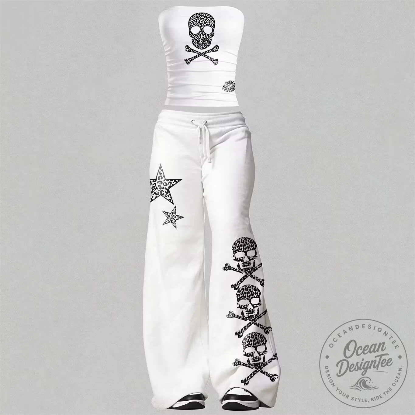 White Leopard Print Skull Star Bandeau Top and Elasticated Trousers Two-Piece Set