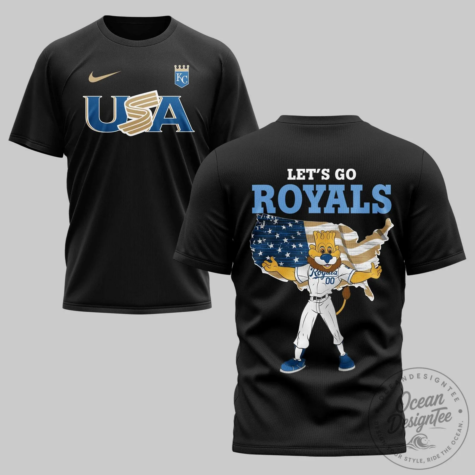 Kansas City Royals Baseball Mascot USA Flag Black T-Shirt 3 Kansas City Royals Baseball Mascot USA Flag Black T-Shirt
