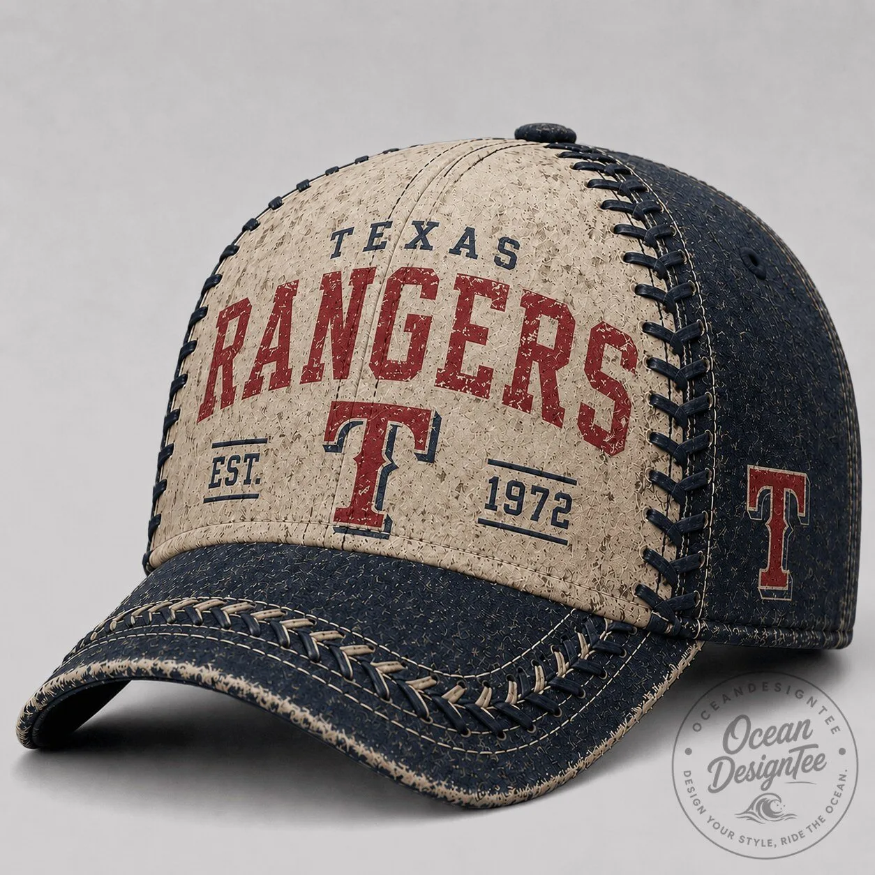 Adjustable Cap Hat with Distressed Vintage Logo of Texas Rangers Baseball