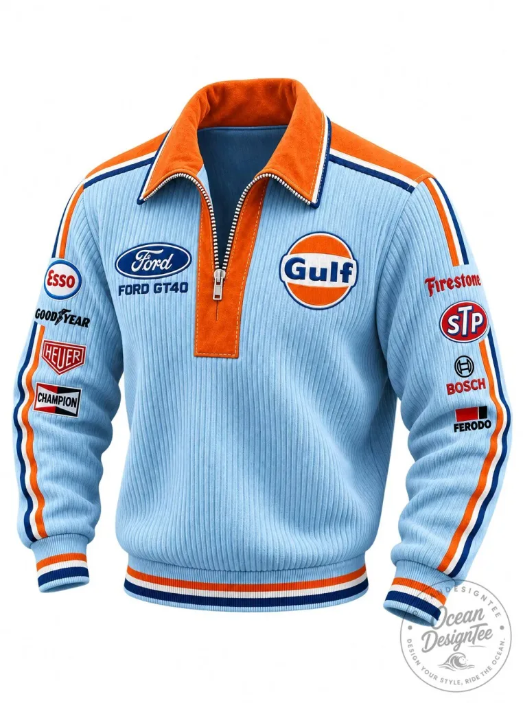 Gulf Ford GT40 Racing Retro Vintage Ribbed Quarter Zip Pullover Sweatshirt 14 Gulf Ford GT40 Racing Retro Vintage Ribbed Quarter Zip Pullover Sweatshirt