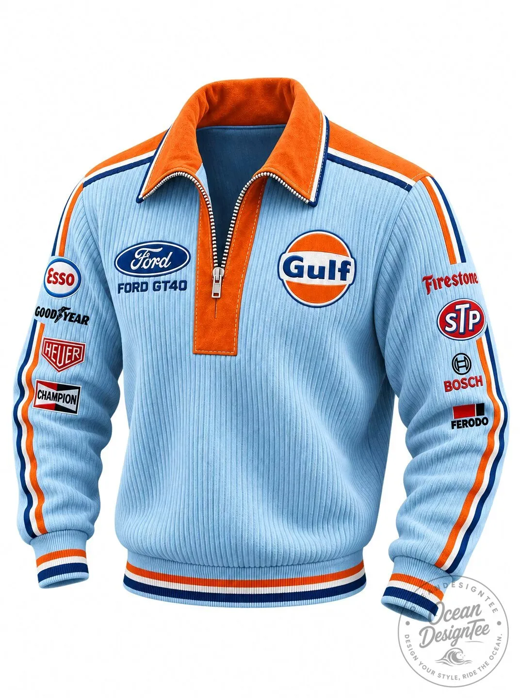Gulf Ford GT40 Racing Retro Vintage Ribbed Quarter Zip Pullover Sweatshirt
