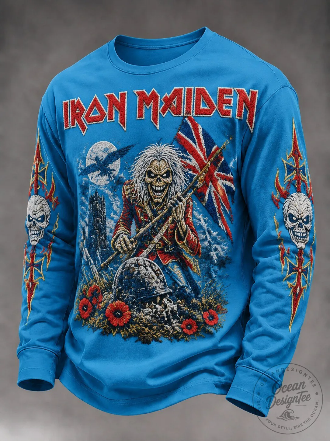 Iron Maiden The Trooper Eddie British Flag Blue Long Sleeve T-Shirt