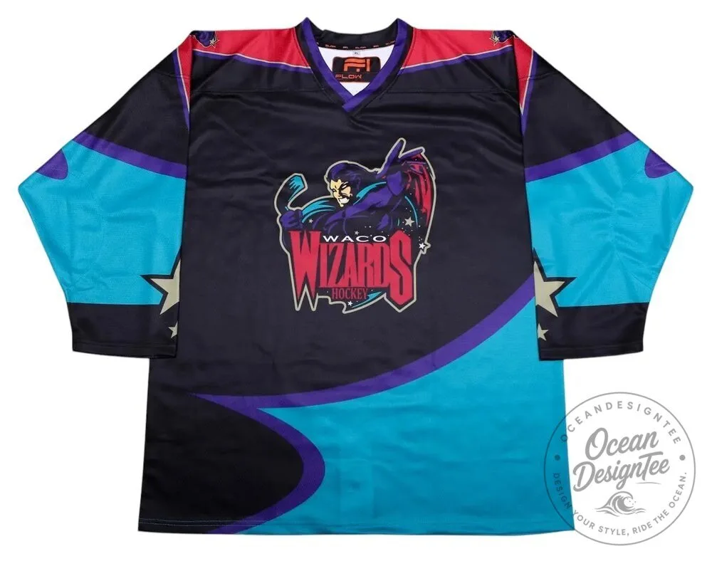 Waco Wizards 1996-1997 Black and Teal Hockey Jersey