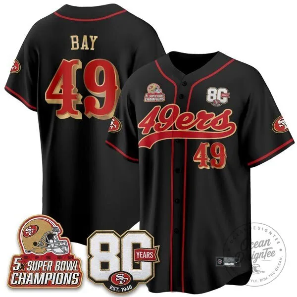 San Francisco 49ers 80th Anniversary Five-Time Super Bowl Champions Baseball Jersey 1 San Francisco 49ers 80th Anniversary Five-Time Super Bowl Champions Baseball Jersey