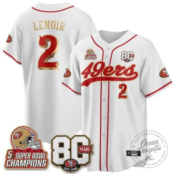 San Francisco 49ers 80th Anniversary Five-Time Super Bowl Champions Baseball Jersey 8 San Francisco 49ers 80th Anniversary Five-Time Super Bowl Champions Baseball Jersey