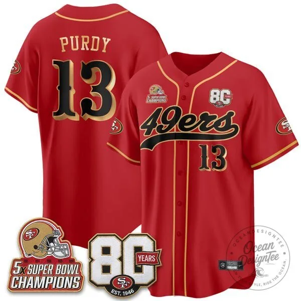 San Francisco 49ers 80th Anniversary Five-Time Super Bowl Champions Baseball Jersey 9 San Francisco 49ers 80th Anniversary Five-Time Super Bowl Champions Baseball Jersey
