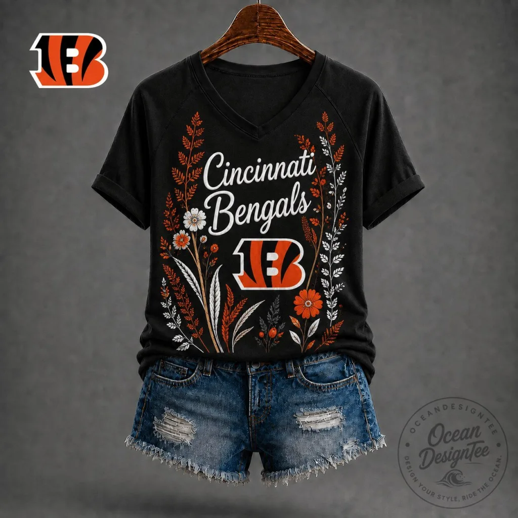 Cincinnati Bengals Floral Garden V-Neck T-Shirt for Women Cincinnati Bengals Floral Garden V-Neck T-Shirt for Women