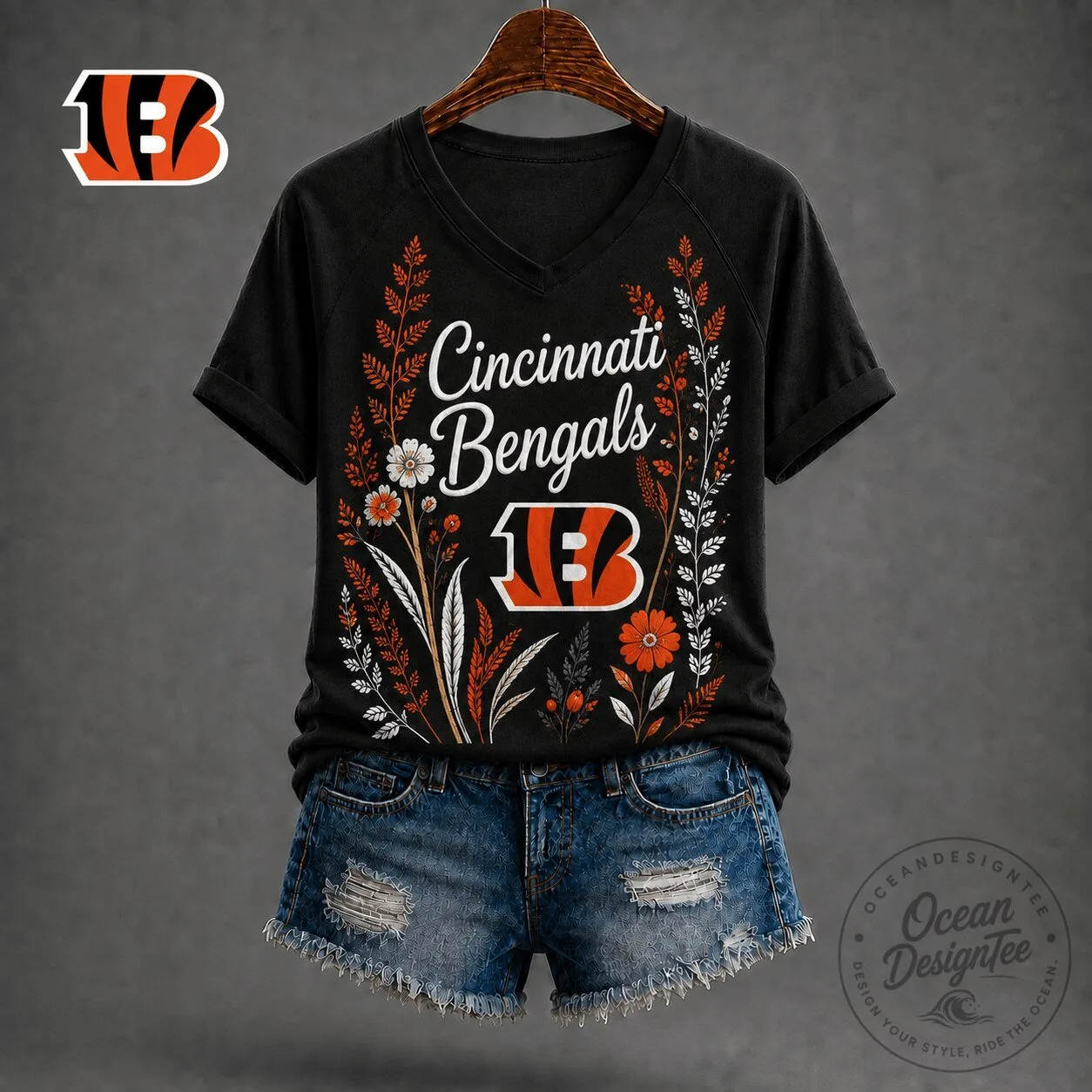 Cincinnati Bengals Floral Garden V-Neck T-Shirt for Women