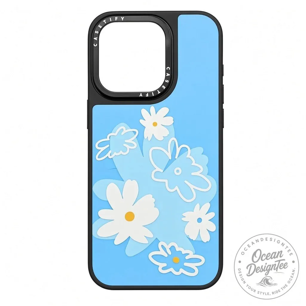 Light Blue Floral Pattern Phone Case with White Flowers