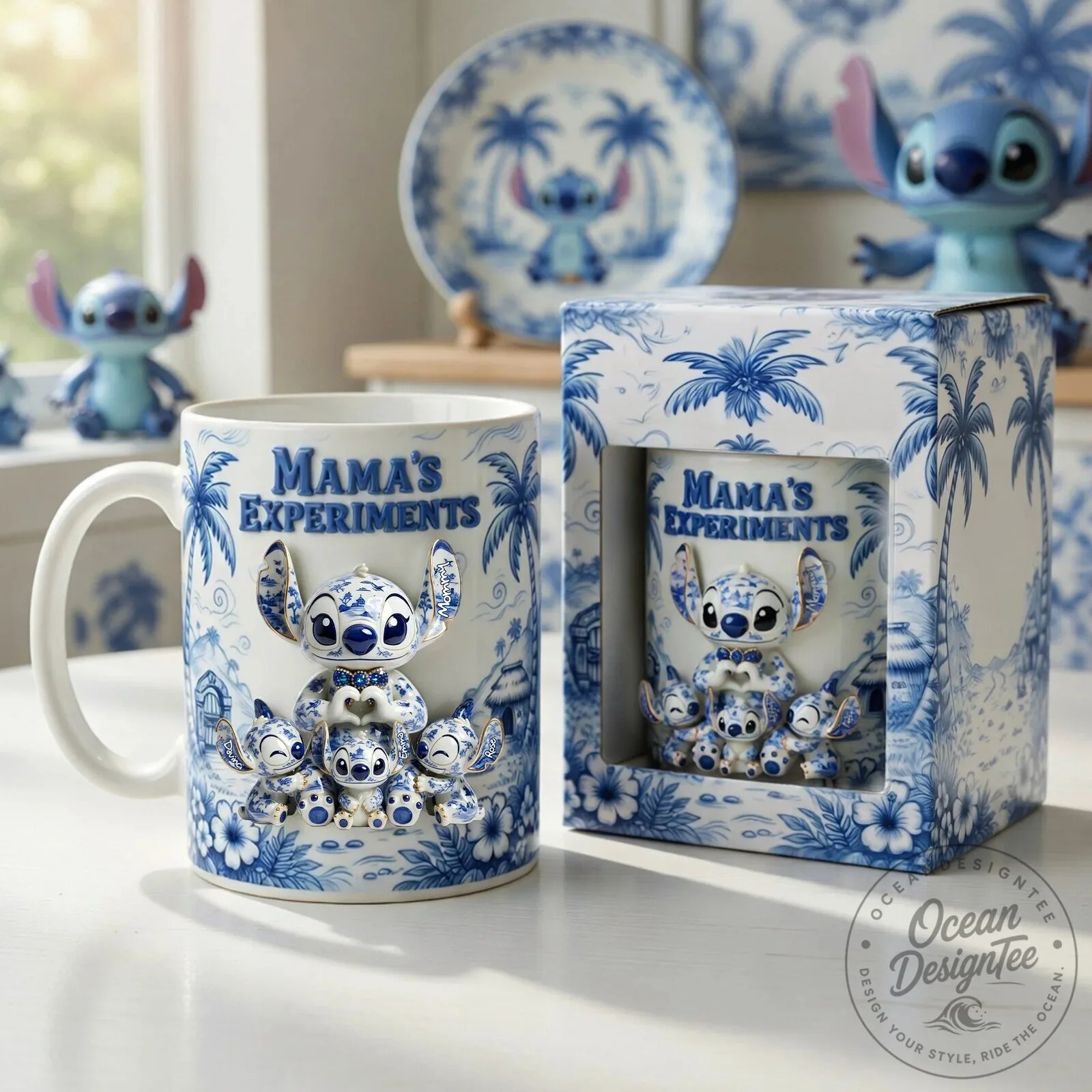 Lilo and Stitch Mama's Experiments Delft Blue Ceramic Coffee Mug