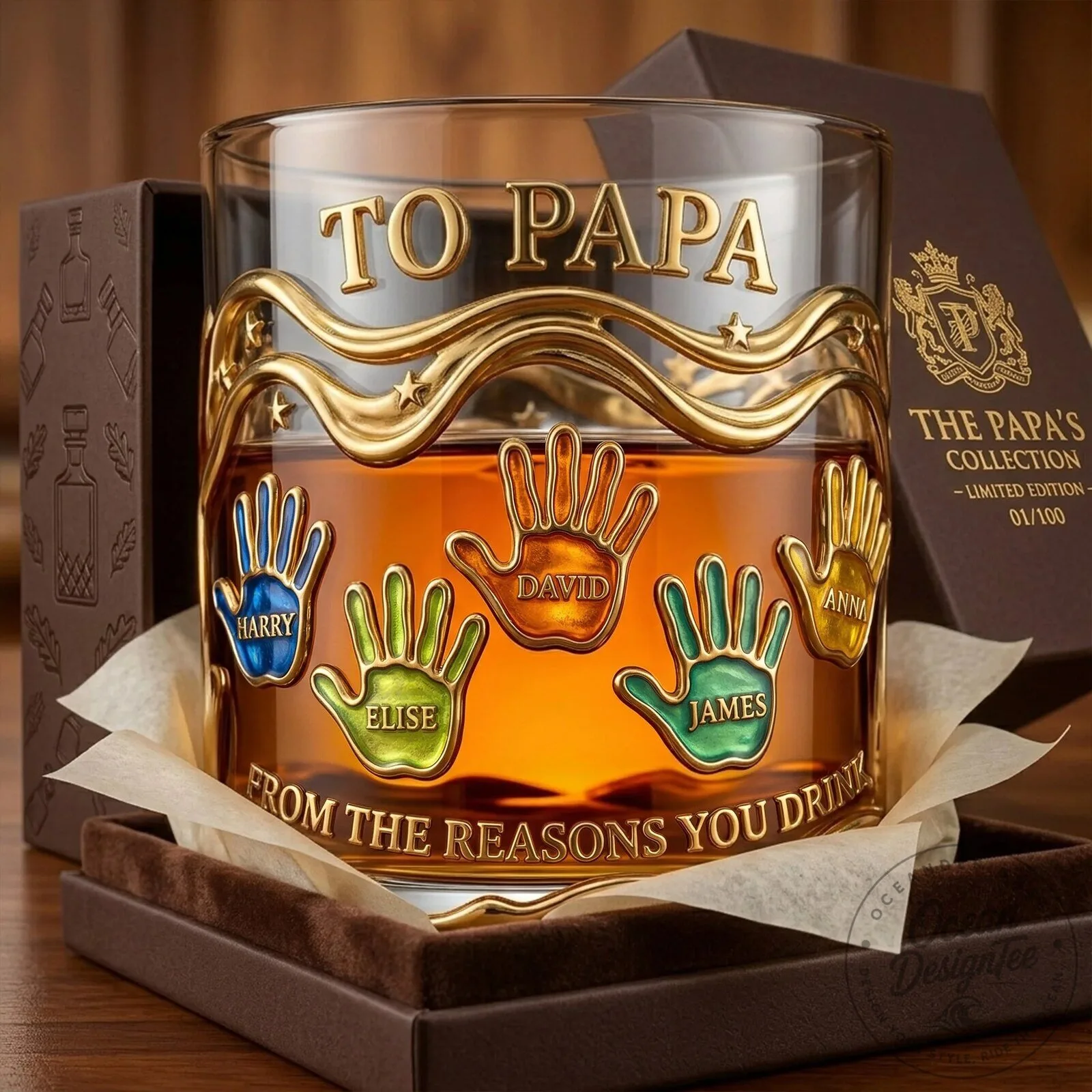 Personalized Papa's Reasons You Drink Whiskey Glass with Custom Handprints 12 Personalized Papa