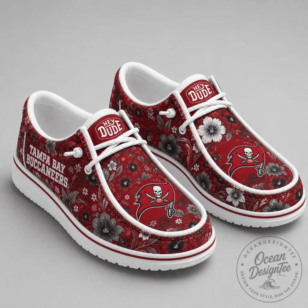 Tampa Bay Buccaneers Floral Pattern Premium Loafer Shoes for Adults Tampa Bay Buccaneers Floral Pattern Premium Loafer Shoes for Adults