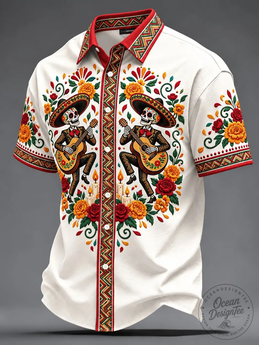 Hawaiian Shirt with Floral Pattern Featuring Mariachi Skeletons for Day of the Dead
