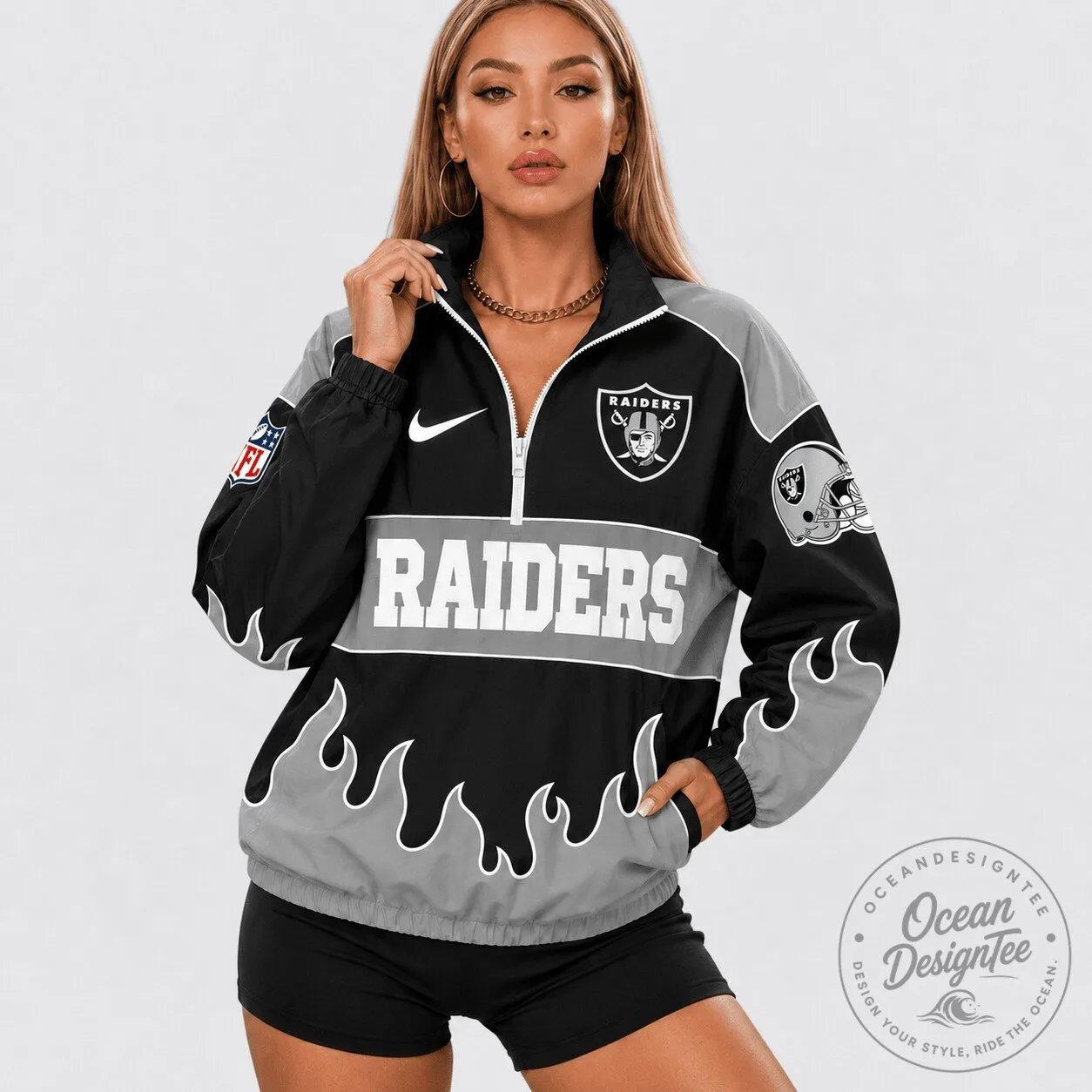 Las Vegas Raiders Quarter-Zip Windbreaker Jacket with Flame Design
