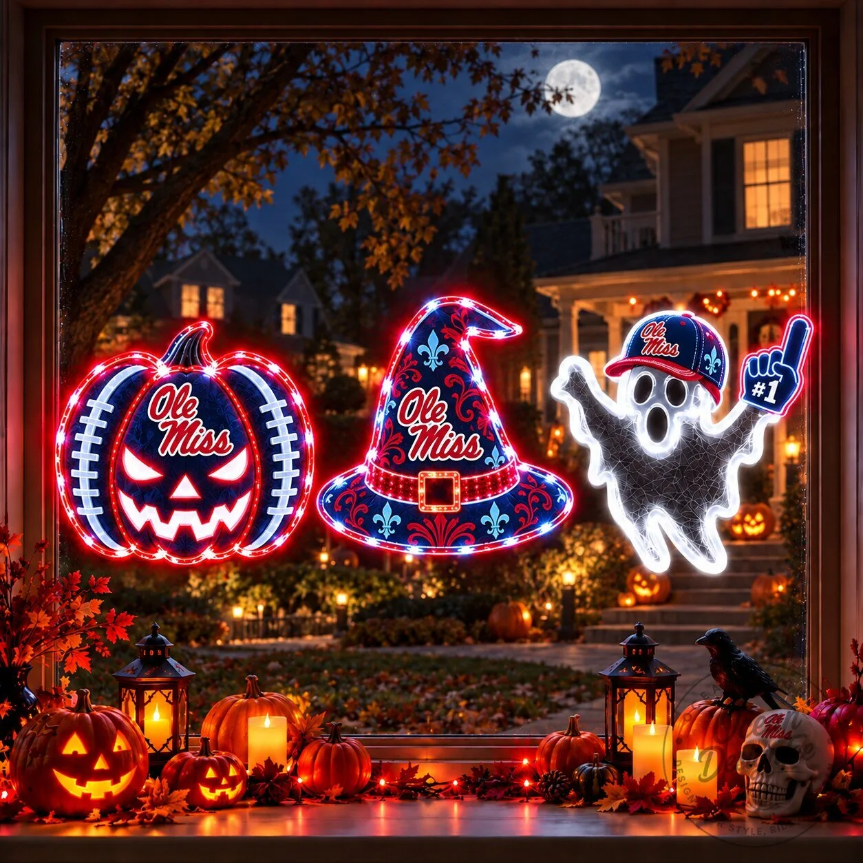 Ole Miss Rebels Halloween Pumpkin Witch Hat Ghost Window Lights