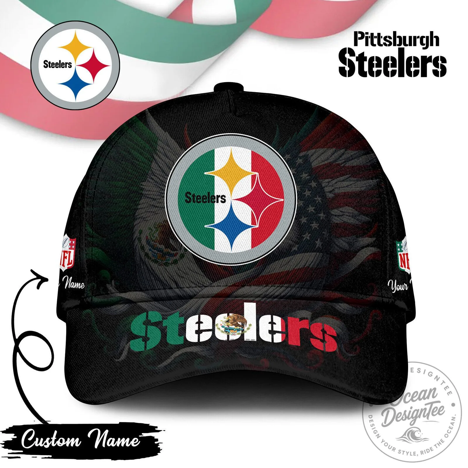 Pittsburgh Steelers Mexican Flag Custom Name Baseball Cap Hat