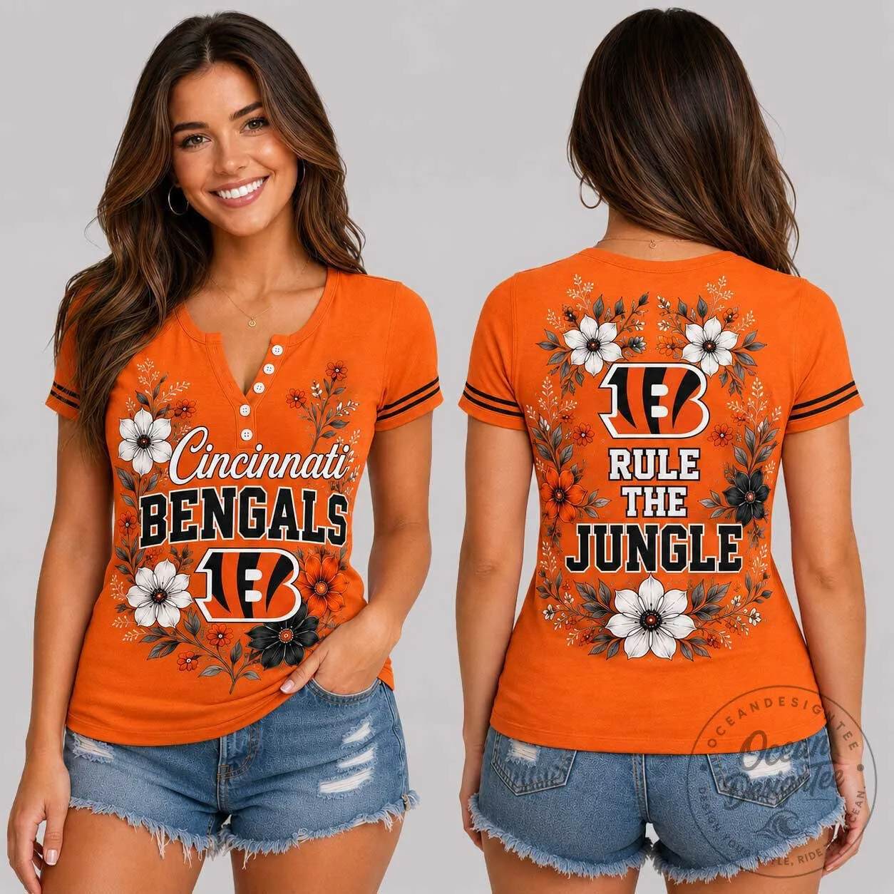 Cincinnati Bengals Rule The Jungle Floral Women's V-Neck T-Shirt