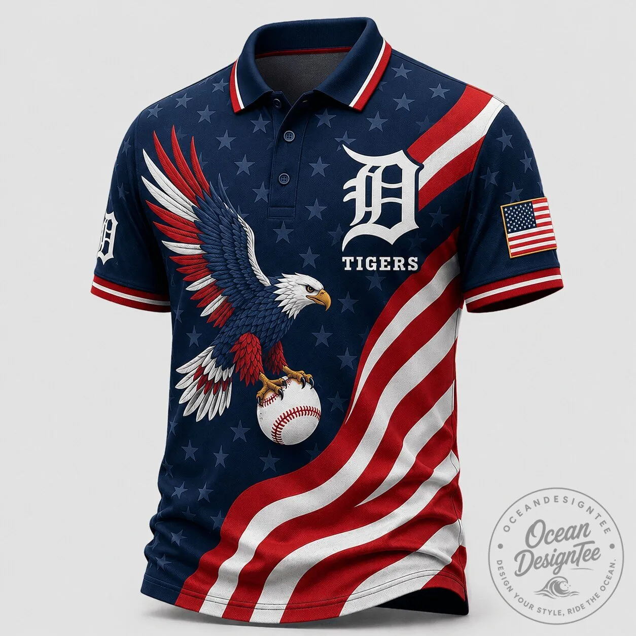 Detroit Tigers Patriotic Eagle Baseball Polo Shirt