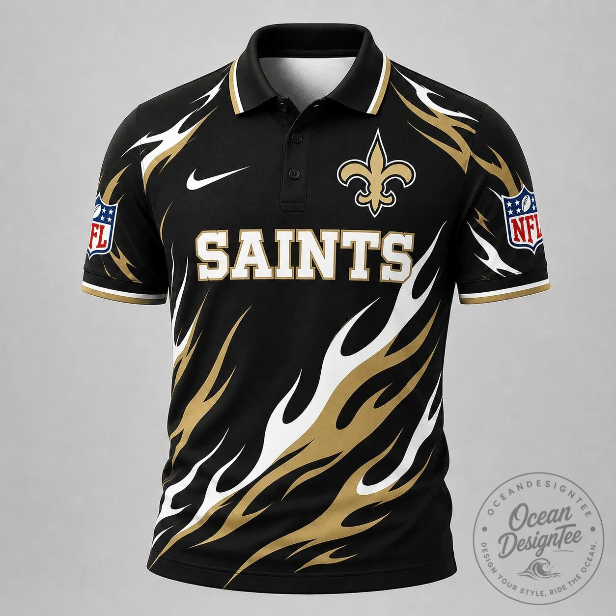 New Orleans Saints Flame Pattern Performance Polo Shirt