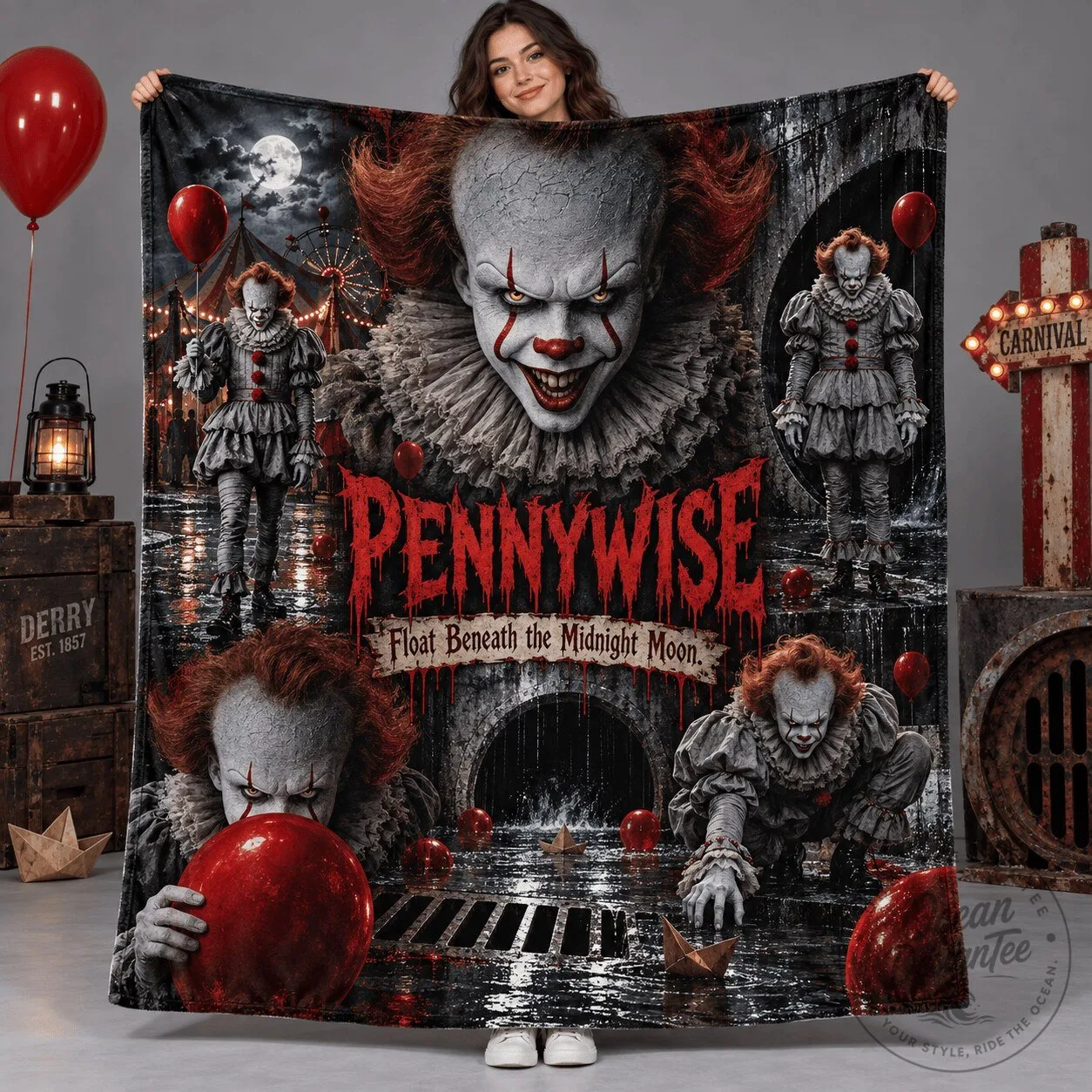 Pennywise Clown Portrait and Red Balloons Fleece Blanket for Horror Movie Fans